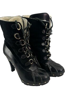 Michael Kors winter warrior clog boots Black leather shearling lined heeled sz 8